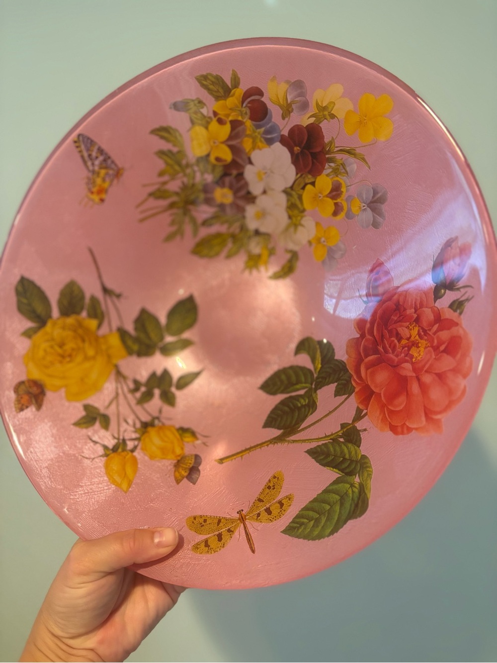 Large pink decorative bowl features botanical illustrations and butterflies 🦋 - Picture 3 of 4